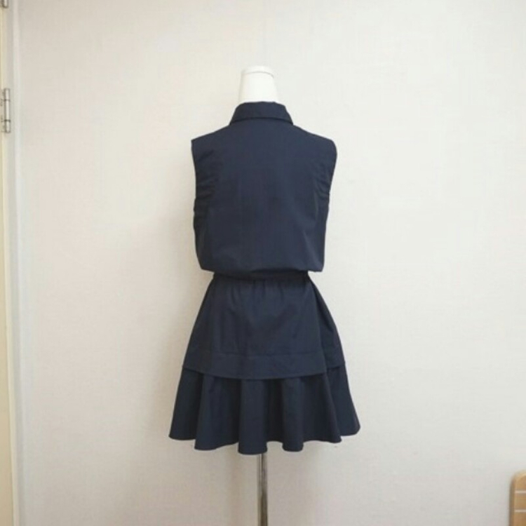 새) 네이비 배색 셔츠 캉캉 프릴 러플 민소매 슬--2