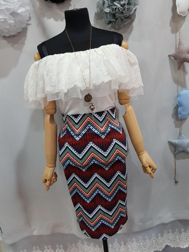 오프숄더블라우스+패턴미디스커트 코디세트--2