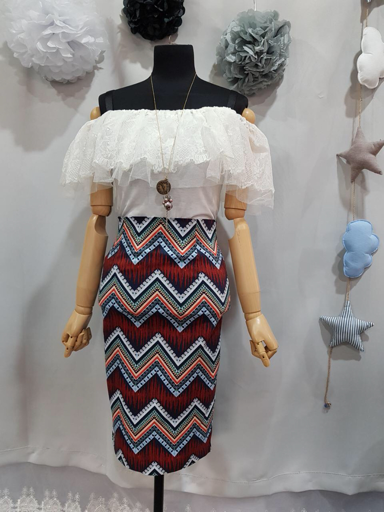 오프숄더블라우스+패턴미디스커트 코디세트--3