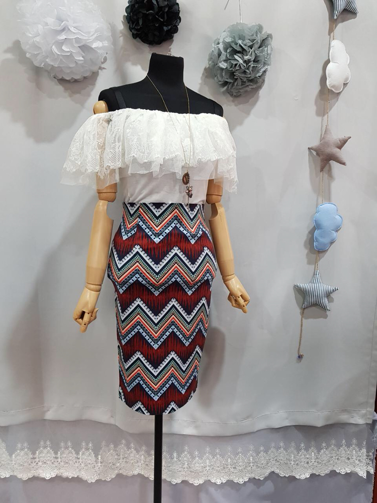 오프숄더블라우스+패턴미디스커트 코디세트--4