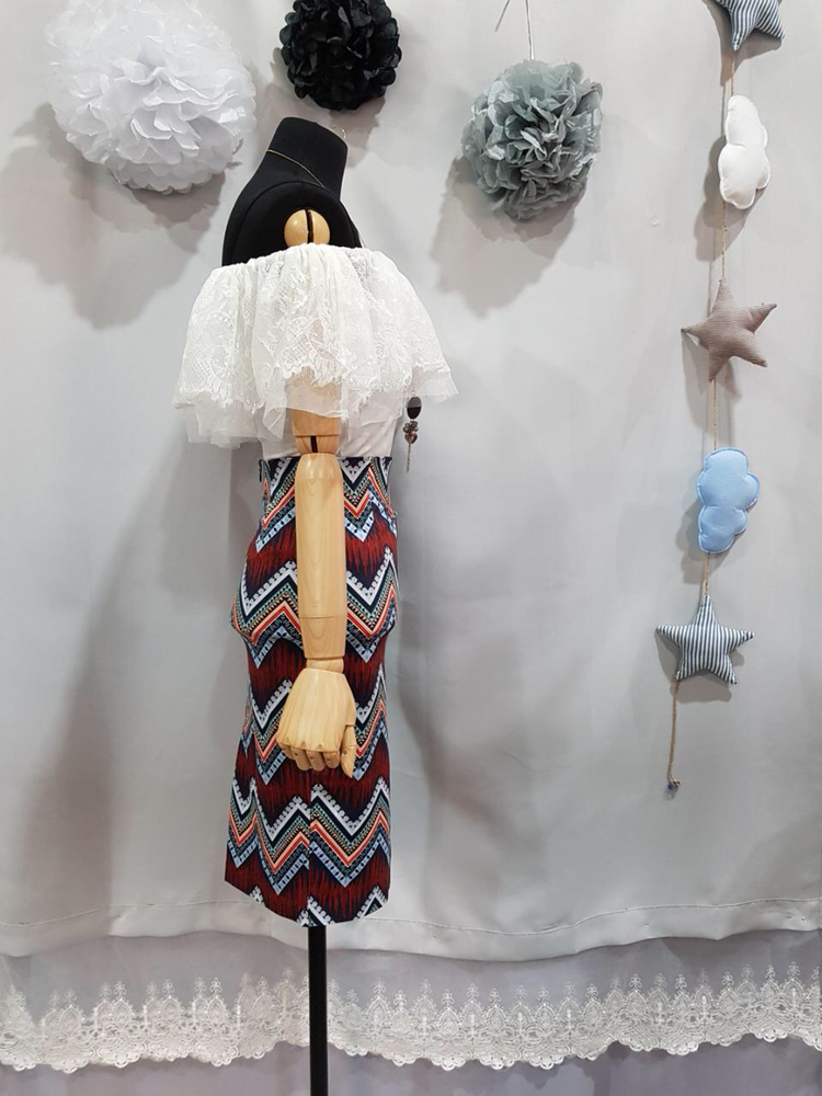 오프숄더블라우스+패턴미디스커트 코디세트--5