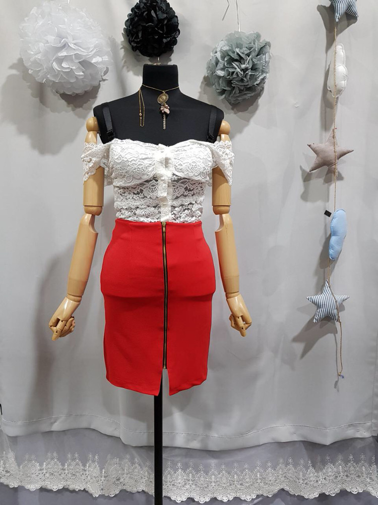 레이스 블라우스+지퍼트임 스커트 코디세트--1