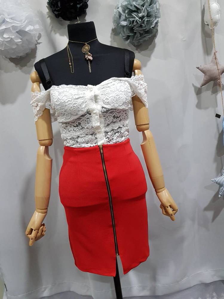 레이스 블라우스+지퍼트임 스커트 코디세트--2