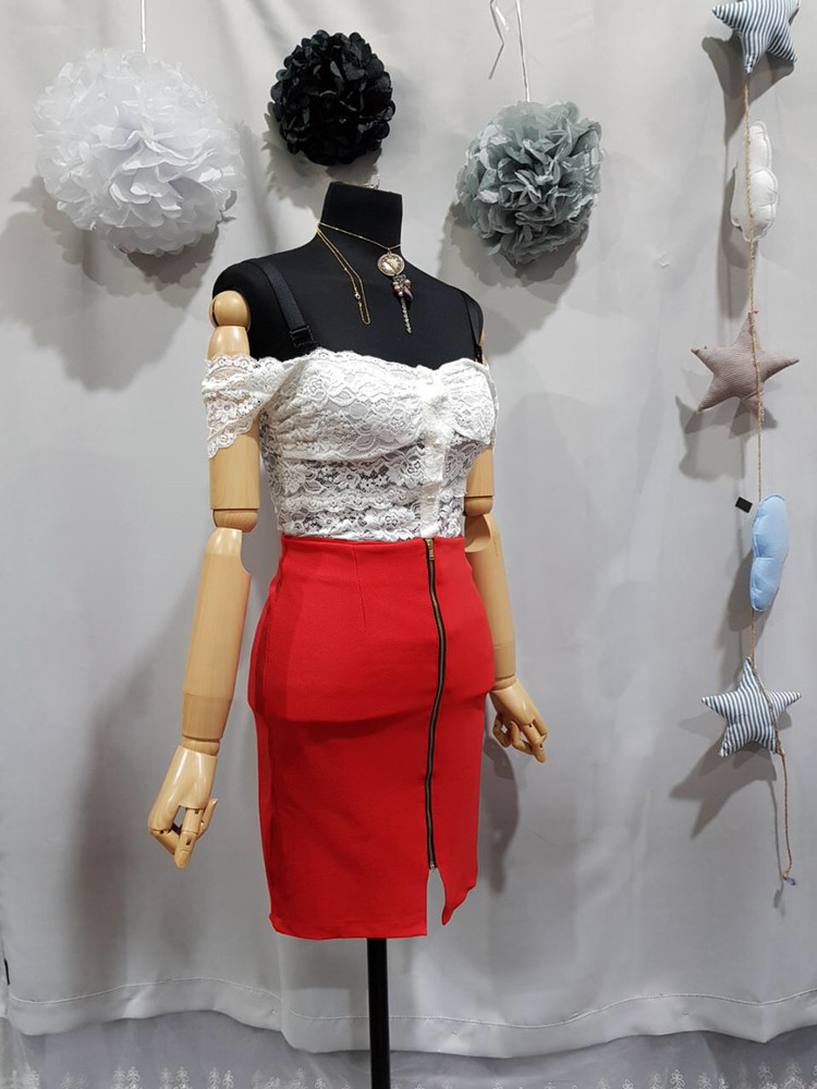 레이스 블라우스+지퍼트임 스커트 코디세트--3