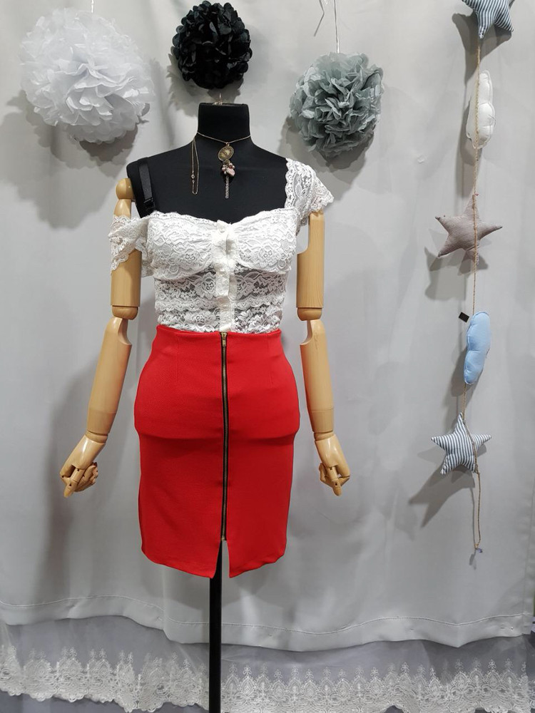 레이스 블라우스+지퍼트임 스커트 코디세트--5