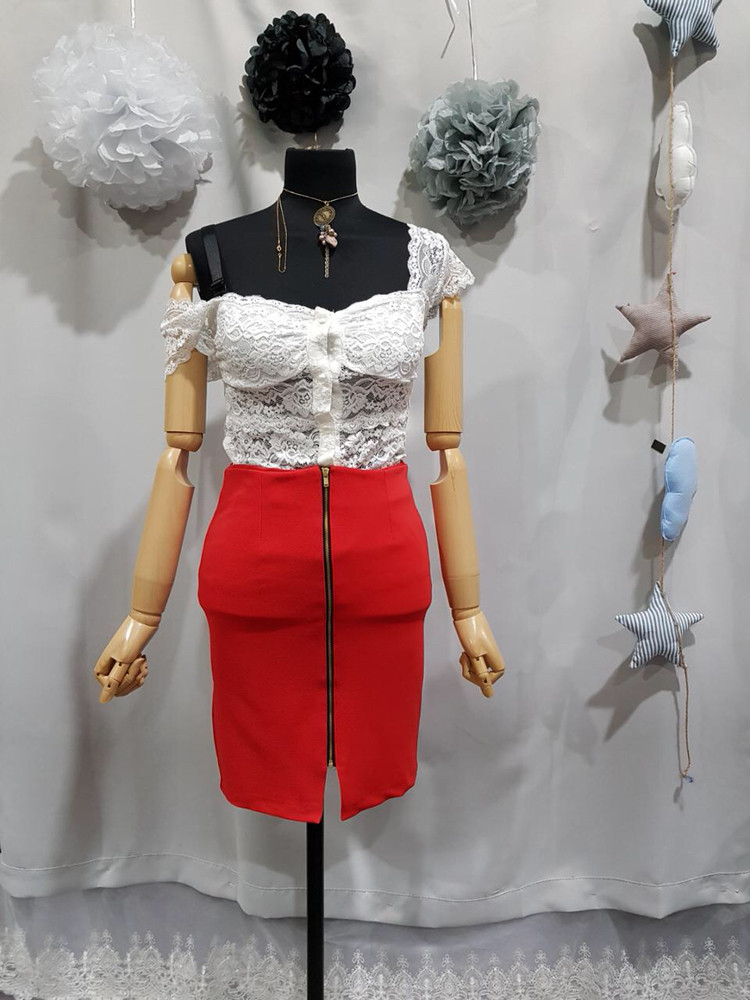 레이스 블라우스+지퍼트임 스커트 코디세트--6